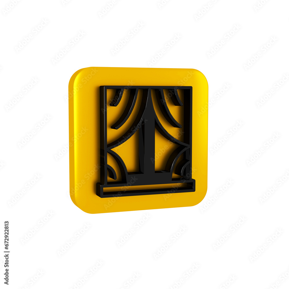 Poster black window with curtains in the room icon isolated on transparent background. yellow square button