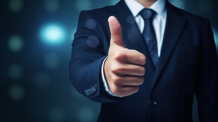Businessman hand thumb up with virtual correct sign or tick mark for approve quality assurance and guarantee concept. - obrazy, fototapety, plakaty