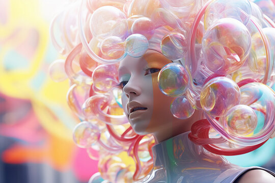 Face of female robot, Artificial intelligence concept. Bubbless, Generative A