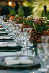 outdoor dining, sophisticated event, crystal glassware, polished plates, rustic centerpiece, wooden decor, potted herbs, table setup, celebration, elegant