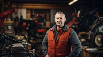 Assured Support: Tractor Salesman Guarantees Service and Parts in Workshop. Generative ai