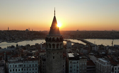 Aerial view galata tower with Golden Horn istanbul.  aerial view of istanbul city 