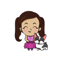The little girl is happy with the bulldog dog