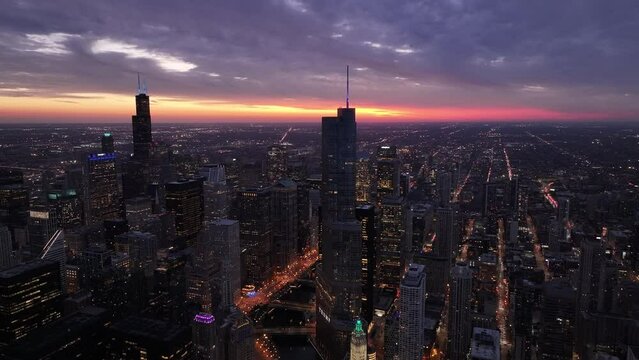 Ariel view of Downtown Chicago sunset 