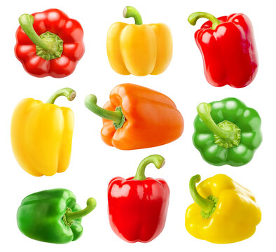 Collection of multicolored bell peppers (red, green, yellow, orange) cut out