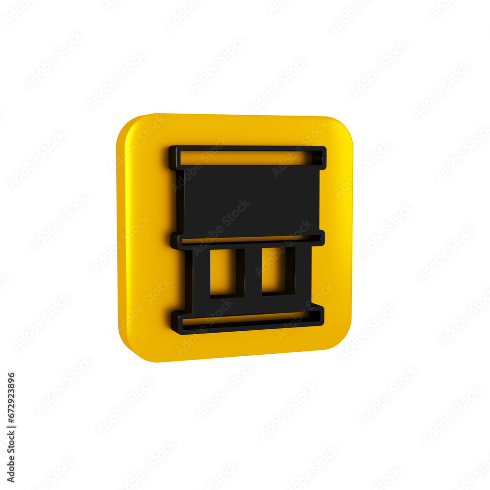 Poster black window with curtains in the room icon isolated on transparent background. yellow square button