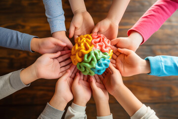 Several children's hands holding a colored brain illustrating Neuro diversity - obrazy, fototapety, plakaty