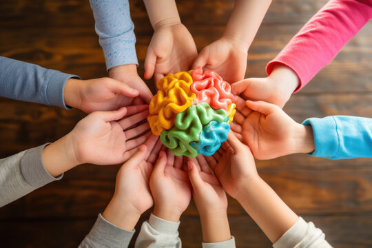 Several children's hands holding a colored brain illustrating Neuro diversity