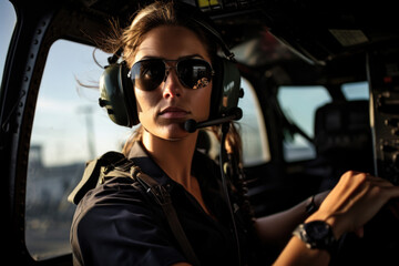 Empowered woman aviator in helicopter pilot attire, representing gender parity against the chopper backdrop - obrazy, fototapety, plakaty