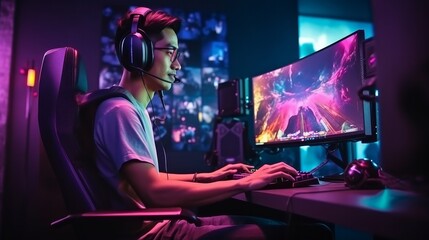 Young confident Asian man playing online computer video game, colorful lighting broadcast streaming...