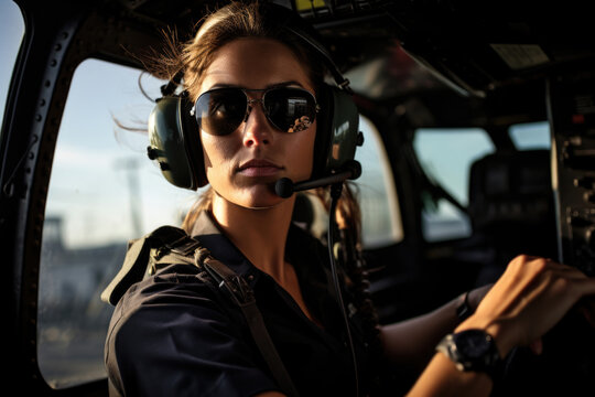 Empowered woman aviator in helicopter pilot attire, representing gender parity against the chopper backdrop
