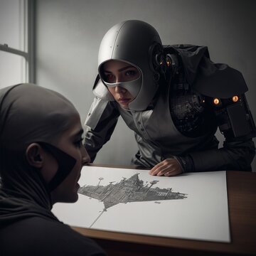 AI-generated illustration of Two astronauts in space suits confer over a drawing on a piece of paper