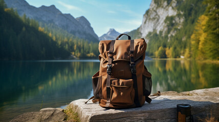 Backpack near lake and mountain range, concept of tourism and travel