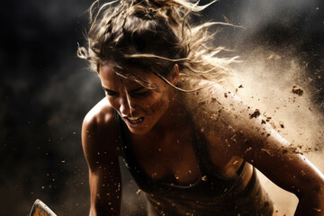 strong female athlete in patches of dirt represents gender equality