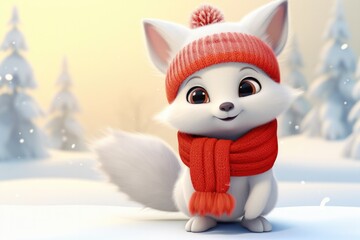 Cute Cartoon Snow Fox Wearing a Red Scarf on a Snowy Background with Space for Copy