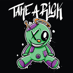 vector graffiti hand drawn smile voodoo doll with slogan take a risk designs for streetwear illustration