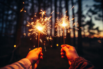 two hands holding sparklers against the background of a night forest reflecting the onset of Christmas - obrazy, fototapety, plakaty