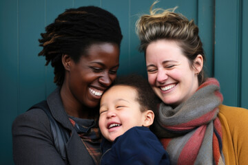Joyful smiling LGBTQ female couple holding a little child, celebrating the happiness of parenthood and the beauty of family bonds