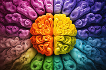 A multicolored brain-shaped background showcasing neural diversity and unique thinking traits - obrazy, fototapety, plakaty