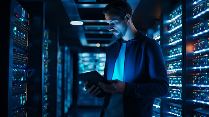 Male informatic engineer working inside server room for database network storage - obrazy, fototapety, plakaty