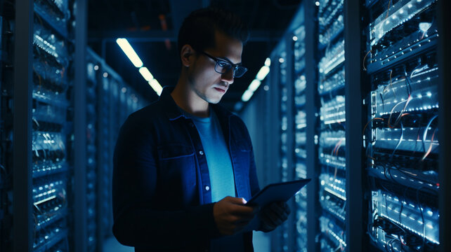 Male informatic engineer working inside server room for database network storage