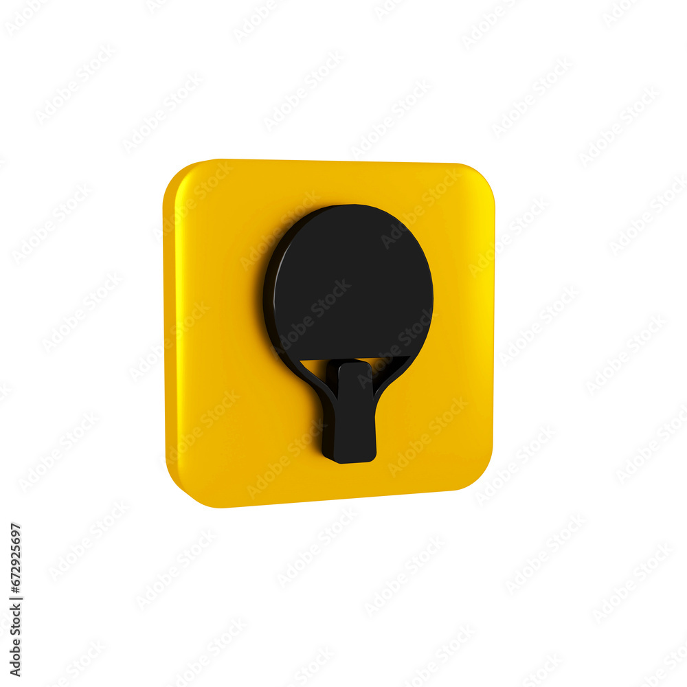 Poster black racket for playing table tennis icon isolated on transparent background. yellow square button.