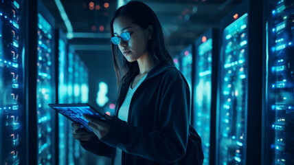 Female informatic engineer working inside server room for database network storage