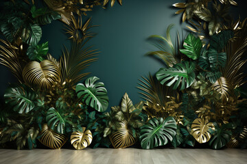 luxurious background and wallpaper with darkgreen lightgreen  and copper leafs