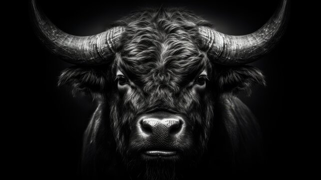 Portrait of a bull with black hair in monochrome style. Illustration for cover, card, postcard, interior design, decor or print.