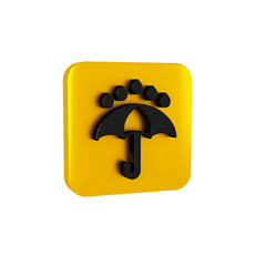Black Umbrella and rain drops icon isolated on transparent background. Waterproof icon. Protection, safety, security concept. Water resistant symbol. Yellow square button.