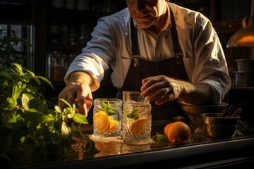 A chef hand-squeezing fresh oranges into a glass to make a naturally sweet orange juice.