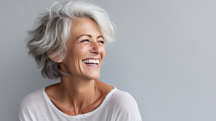 happy woman smiling while standing on gray background - obrazy, fototapety, plakaty