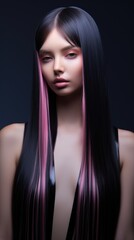 Fototapeta premium A woman with long black and pink hair. Magenta colored straight hair.