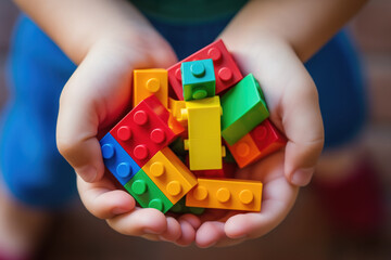 Close-up of a child's hands holding colorful building blocks, symbolizing creativity and early development - Powered by Adobe