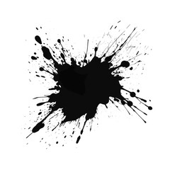 A black ink splatter on a white background.