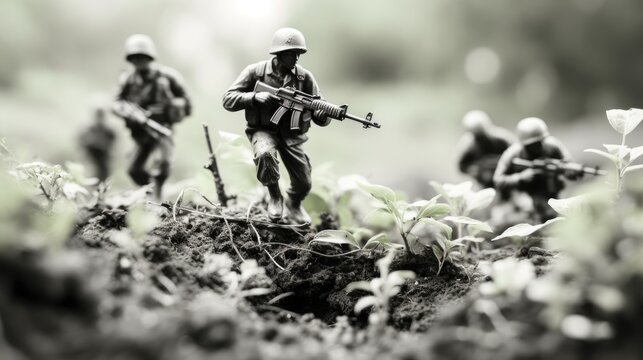 Miniature figures of soldiers are set in the forest and simulate a battle. Fully equipped soldiers with rifles. Set of military toys. Illustration for a banner, poster, cover, brochure or presentation