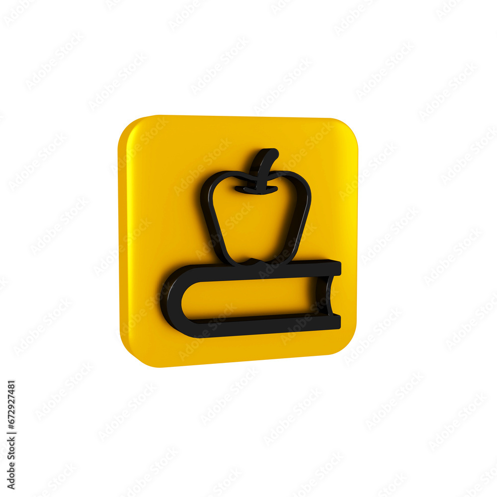 Poster black book with apple icon isolated on transparent background. yellow square button.