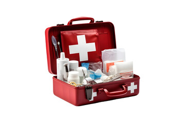 Open first aid box isolated on a transparent and white background - obrazy, fototapety, plakaty