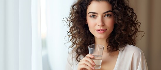 A stunning lady is depicted in a studio standing alone holding a glass filled with water She quenches her thirst emphasizing the idea of a healthy diet