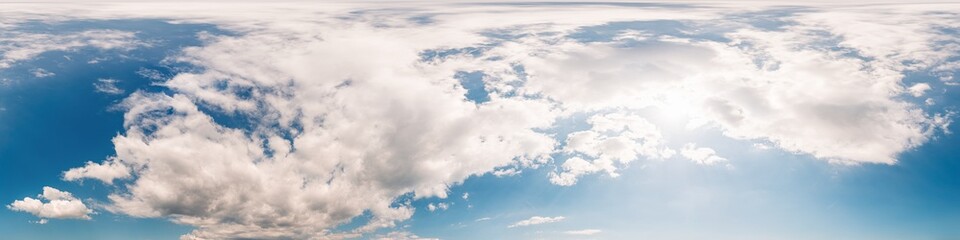 Blue summer sky panorama with Cumulus clouds. Seamless hdr spherical 360 panorama. Zenith or sky dome in 3D visualization, sky replacement for aerial drone 360 panoramas. Weather and climate change