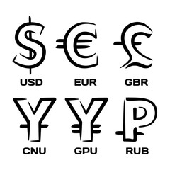 Currency. Set of black and white symbols