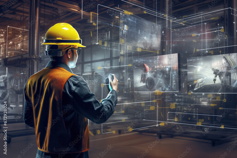 Poster worker in a factory using futuristic holographic interface to monitor machinery operations