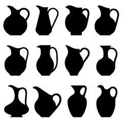 Water jug icon. Set of different silhouettes of decanter. Symbols of pitcher of water. - obrazy, fototapety, plakaty