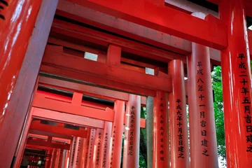 Rolgordijnen Array of red torii gates adorned with hieroglyphs near a temple © Wirestock