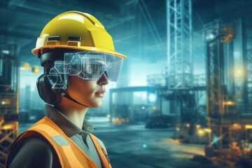 Female worker with a futuristic safety helmet and AR glasses against industrial background
