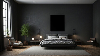 Bellissima camera da letto con arredamento minimalistico, con colori scuri ed eleganti e cornice vuota sul muro