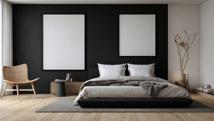 Bellissima camera da letto con arredamento minimalistico, con colori scuri ed eleganti e cornici vuote sul muro