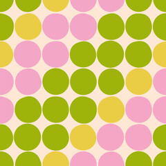 Stylish 60’s, 70’s abstract seamless pattern. Circles background in green, yellow, pink colors. Retro themed. For banner, social media, decor, blog, wrapping paper, poster, fabric, stationery, textile