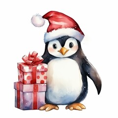 Fototapeta premium Watercolor merry christmas character penguin illustration