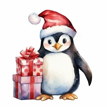Watercolor merry christmas character penguin illustration